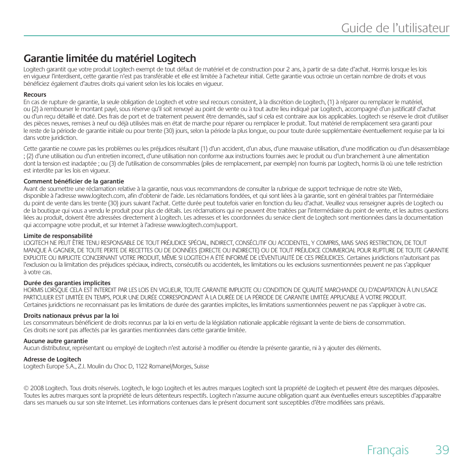 Français  guide.de.l’utilisateur, Garantie limitée du matériel logitech | Logitech Duet User Manual | Page 39 / 196