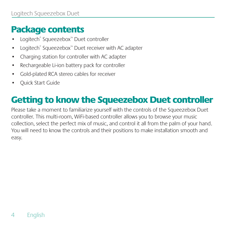 Package contents, Getting to know the squeezebox duet controller | Logitech Duet User Manual | Page 4 / 196