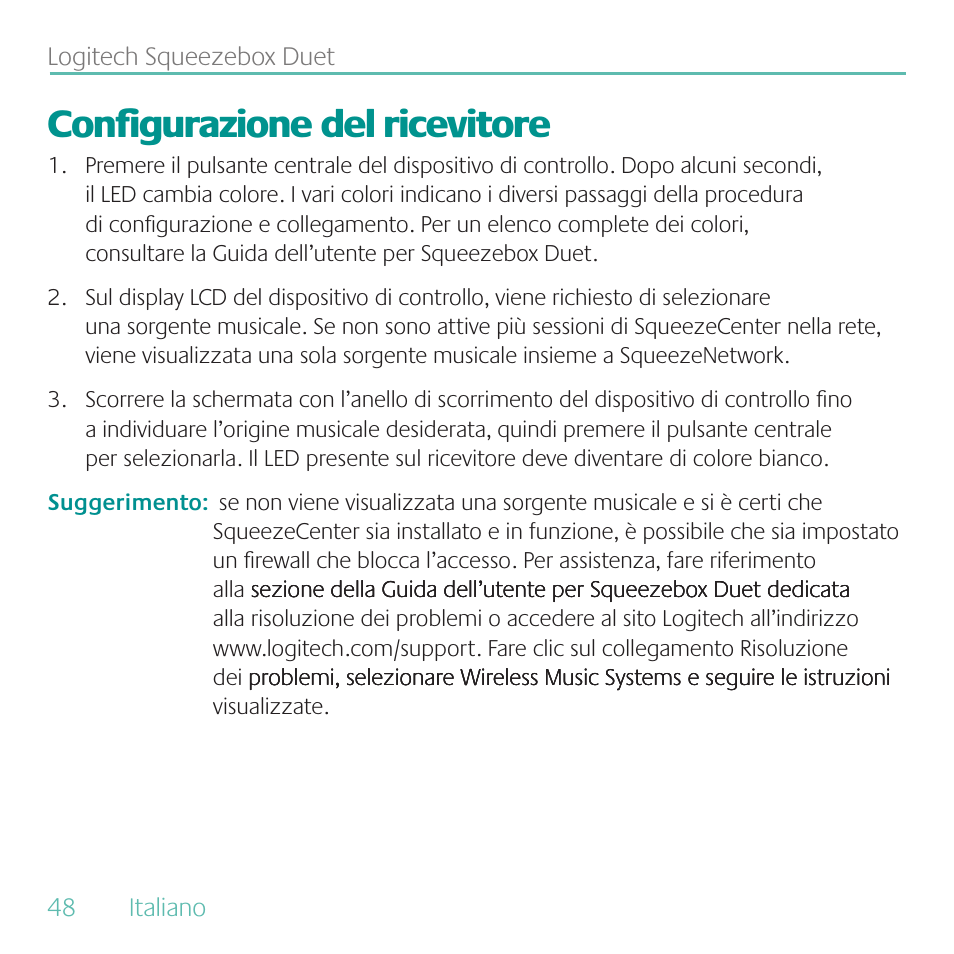 Configurazione del ricevitore | Logitech Duet User Manual | Page 48 / 196