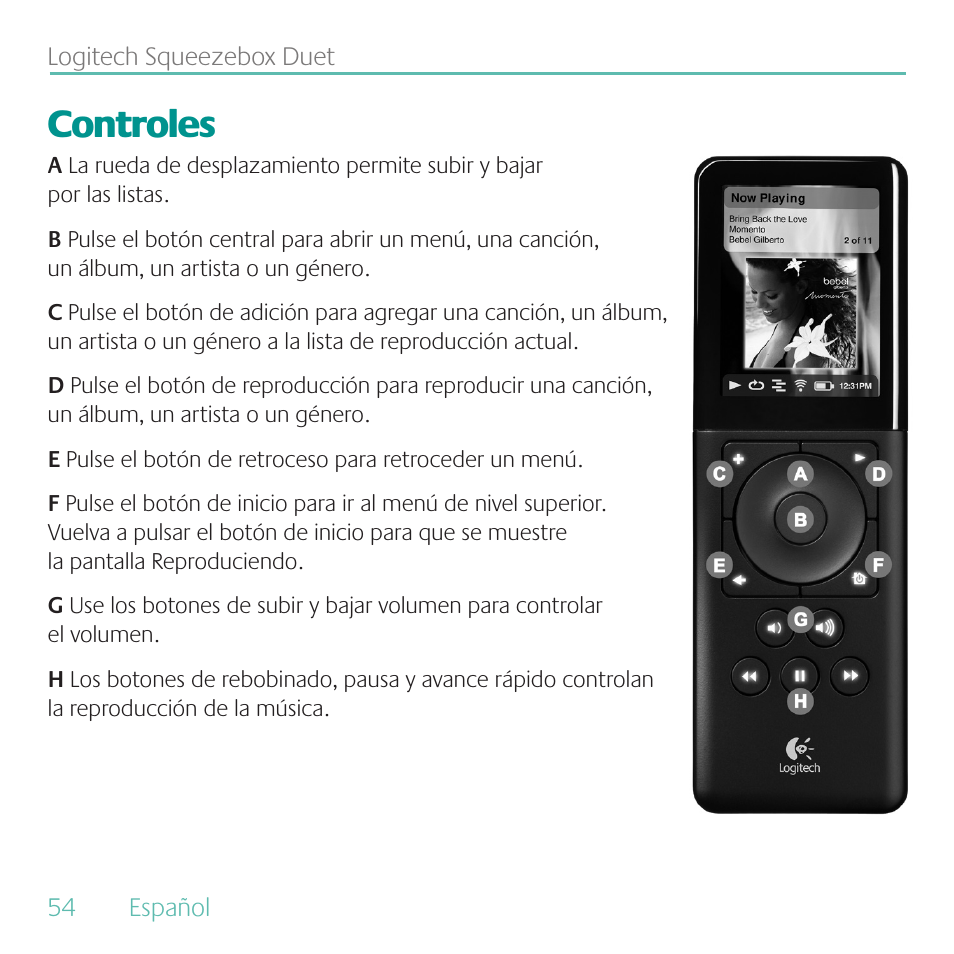 Controles | Logitech Duet User Manual | Page 54 / 196