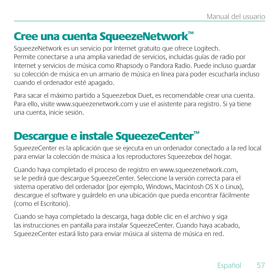 Cree una cuenta squeezenetwork, Descargue e instale squeezecenter | Logitech Duet User Manual | Page 57 / 196