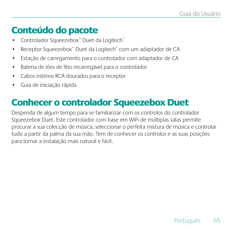 Conteúdo do pacote, Conhecer o controlador squeezebox duet | Logitech Duet User Manual | Page 65 / 196