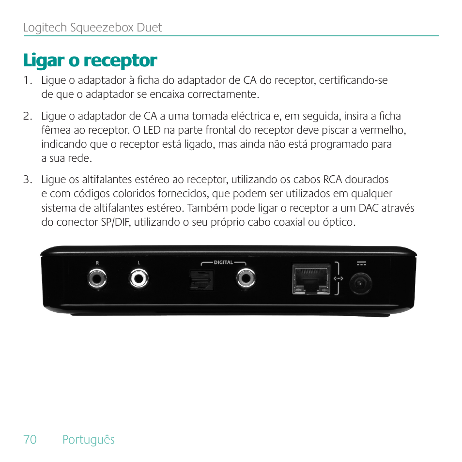 Ligar o receptor | Logitech Duet User Manual | Page 70 / 196