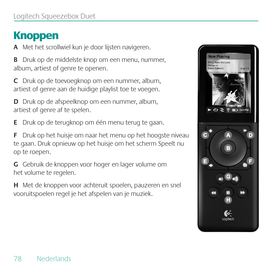 Knoppen | Logitech Duet User Manual | Page 78 / 196