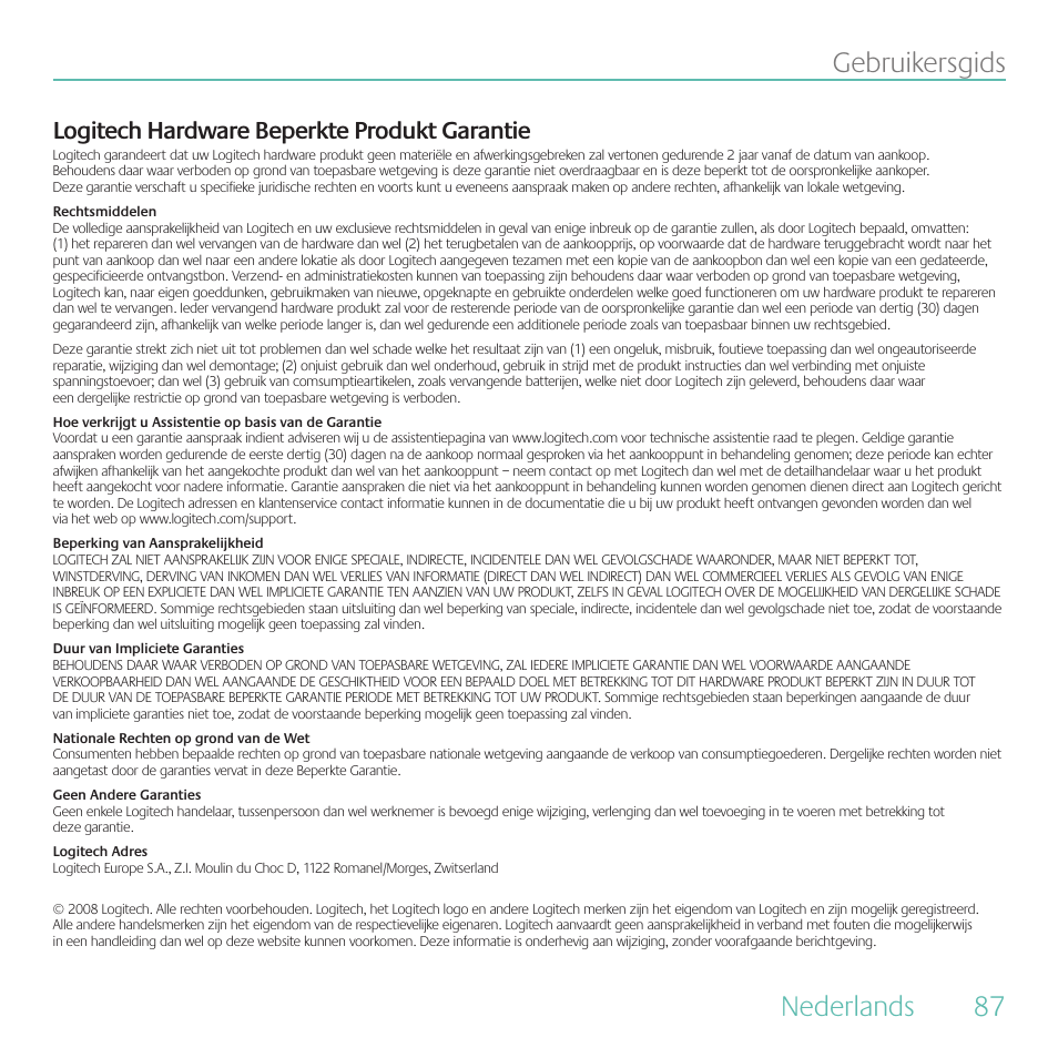 Nederlands gebruikersgids, Logitech hardware beperkte produkt garantie | Logitech Duet User Manual | Page 87 / 196