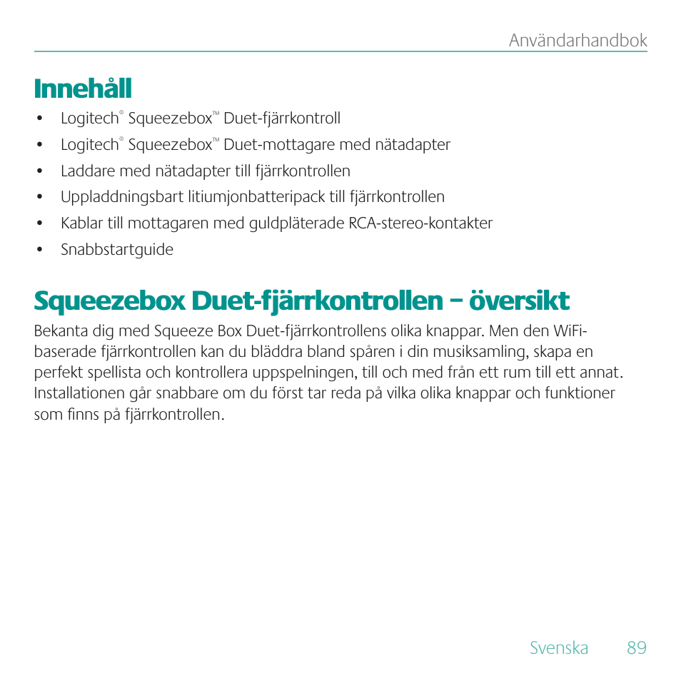 Innehåll, Squeezebox duet-fjärrkontrollen – översikt | Logitech Duet User Manual | Page 89 / 196