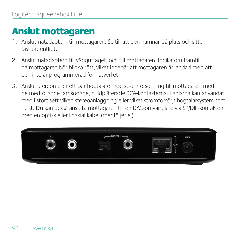 Anslut mottagaren | Logitech Duet User Manual | Page 94 / 196