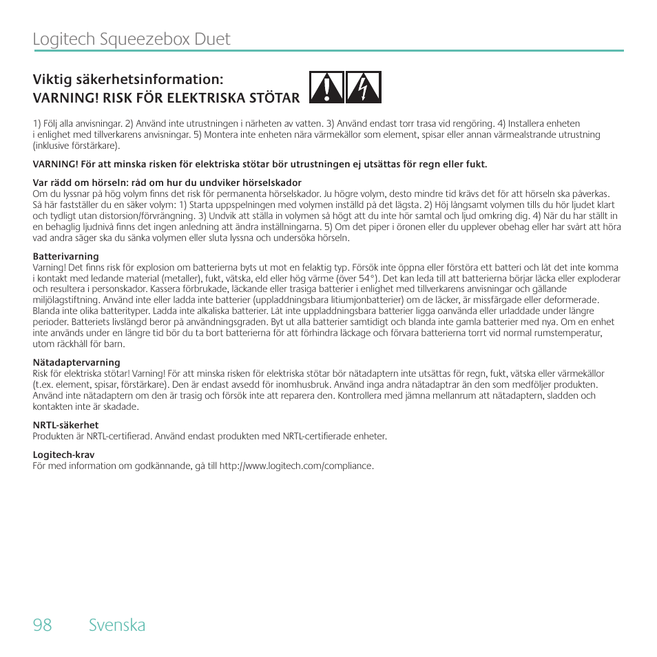 . svenska. logitech.squeezebox.duet | Logitech Duet User Manual | Page 98 / 196