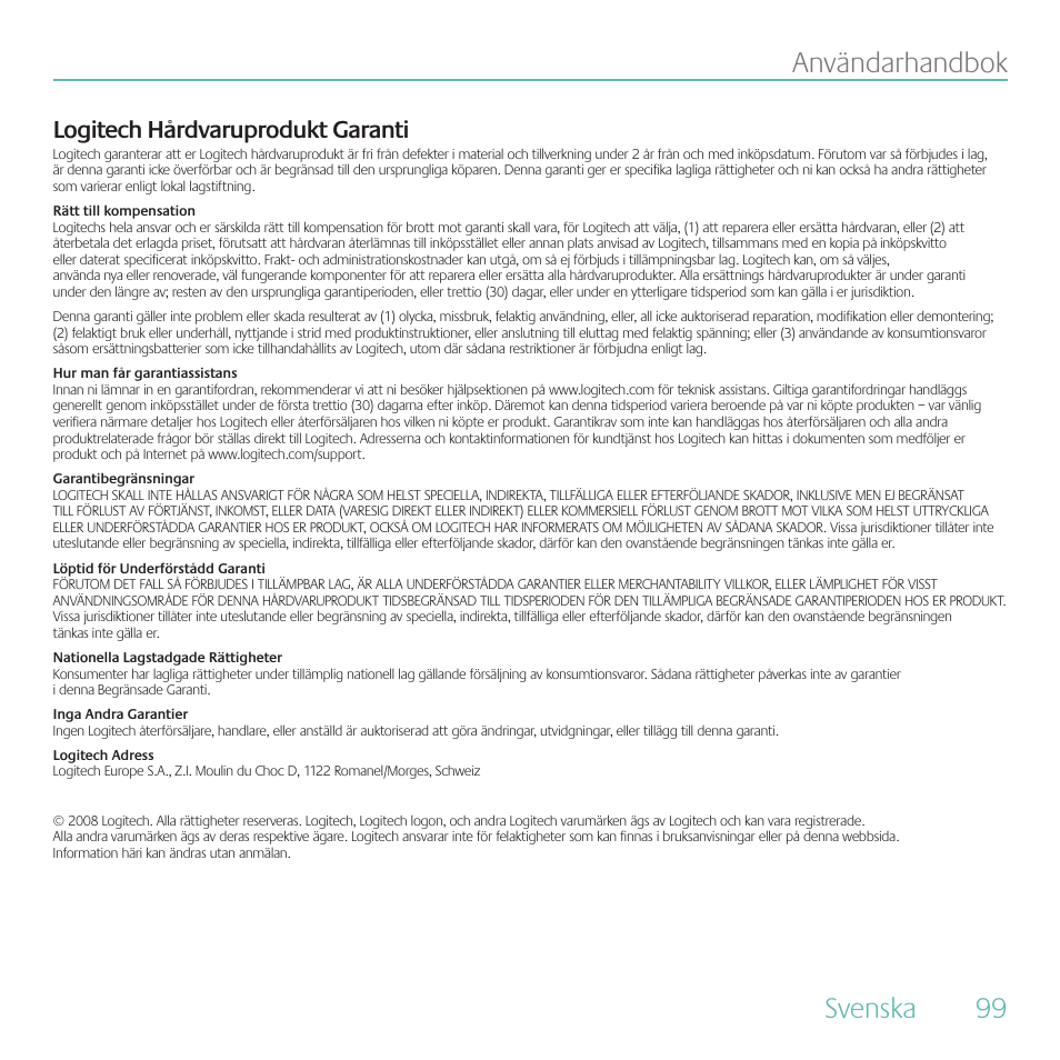 Svenska. .  användarhandbok, Logitech hårdvaruprodukt garanti | Logitech Duet User Manual | Page 99 / 196