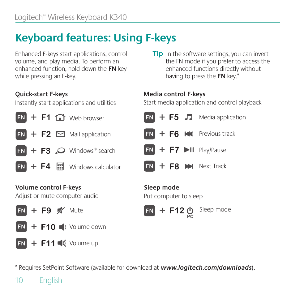 Keyboard features: using f-keys | Logitech Wireless Keyboard K340 User Manual | Page 10 / 34