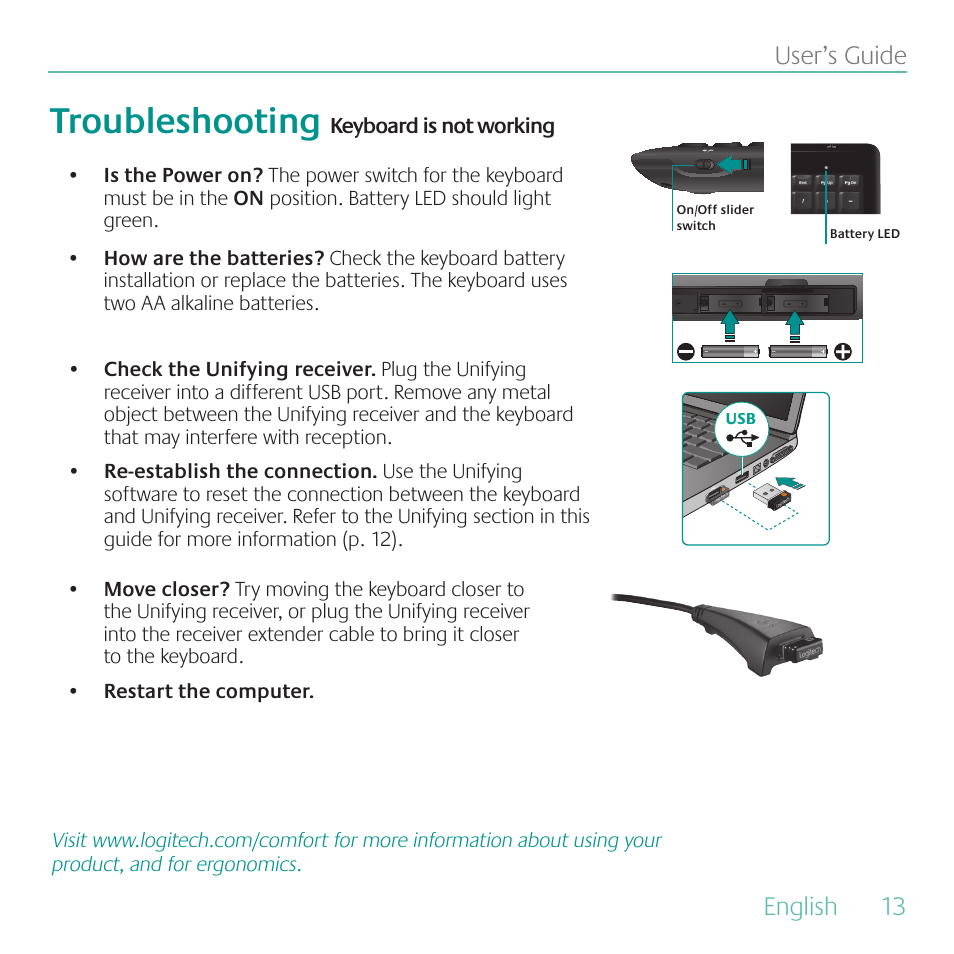 Troubleshooting, English, 13 user’s guide | Logitech Wireless Keyboard K340 User Manual | Page 13 / 34