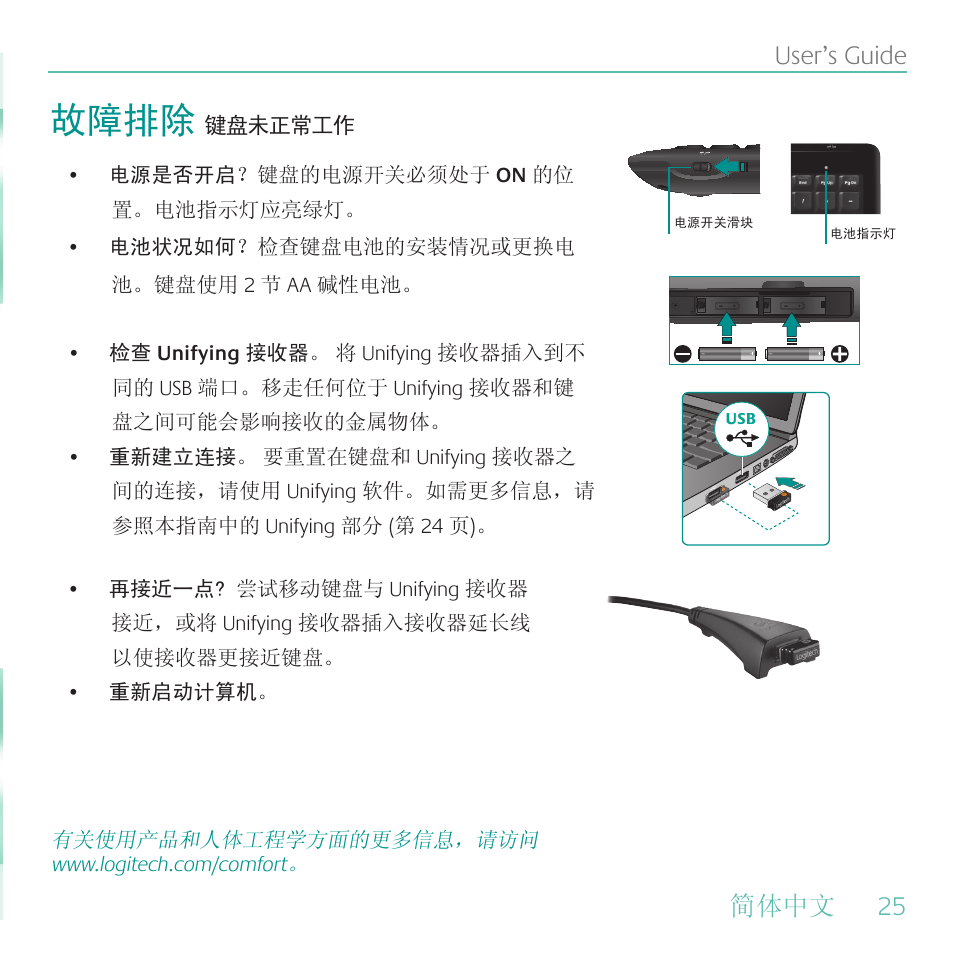 故障排除, 简体中文, 25 user’s guide | 24 简体中文 logitech, Wireless keyboard k340, 插上后就无需再动。然后增添设备 | Logitech Wireless Keyboard K340 User Manual | Page 25 / 34