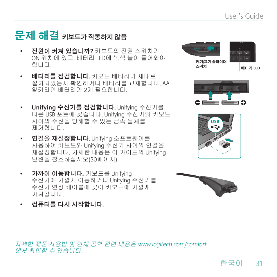 문제 해결, 31 user’s guide | Logitech Wireless Keyboard K340 User Manual | Page 31 / 34