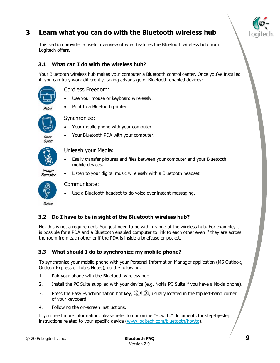 What can i do with the wireless hub, What should i do to synchronize my mobile phone | Logitech CORDLESS DESKTOP MX 5000 LASER User Manual | Page 13 / 34