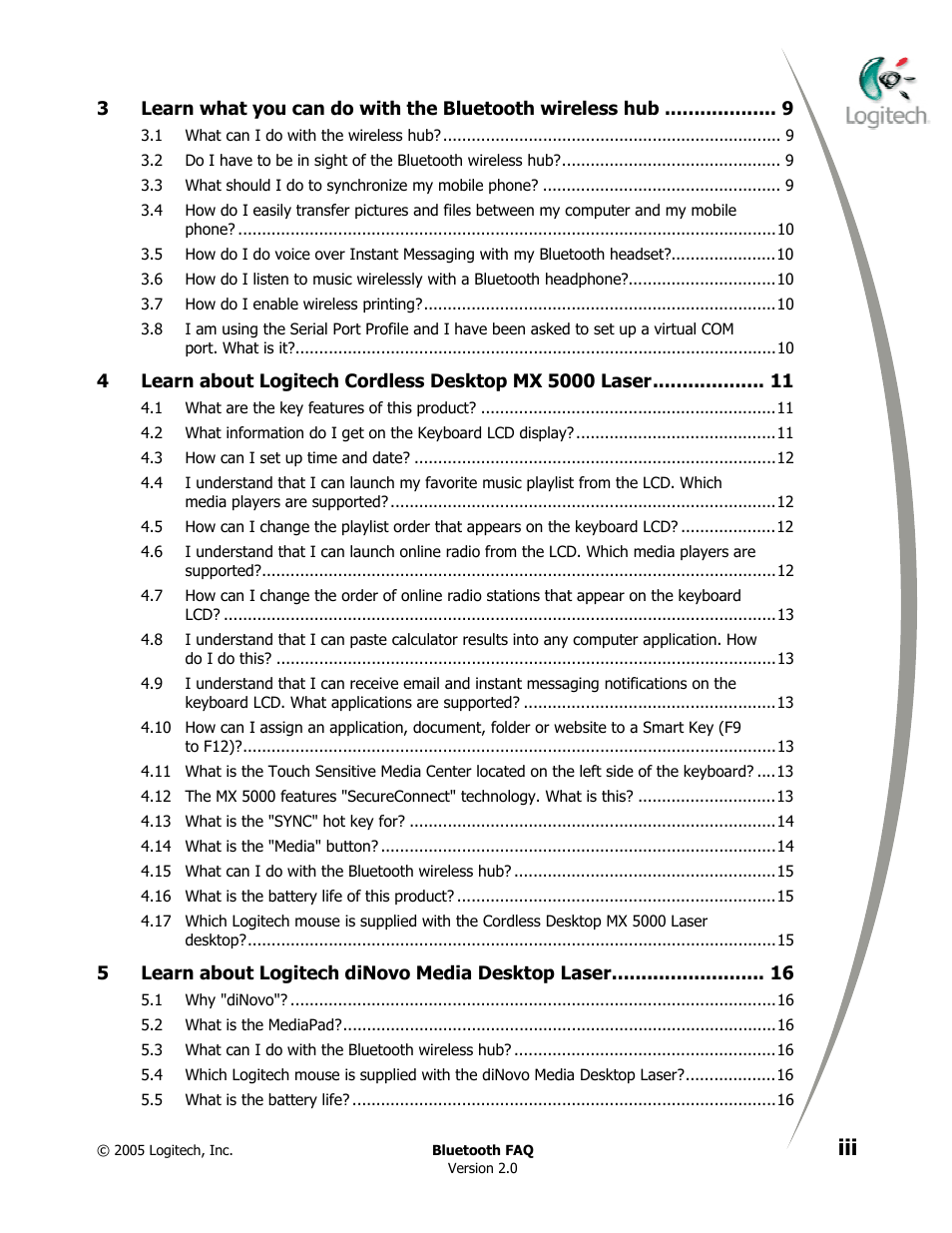 Logitech CORDLESS DESKTOP MX 5000 LASER User Manual | Page 3 / 34