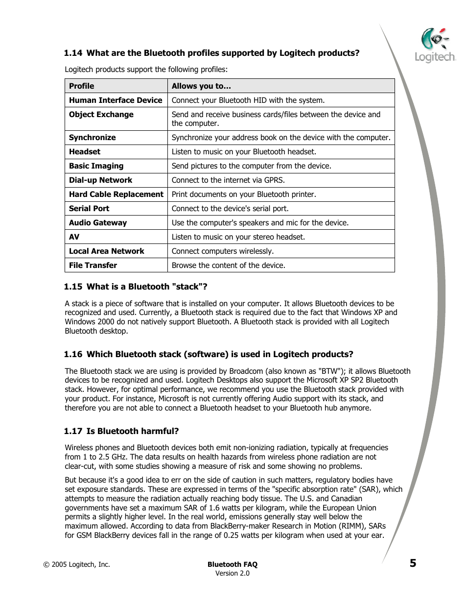 What is a bluetooth "stack, Is bluetooth harmful | Logitech CORDLESS DESKTOP MX 5000 LASER User Manual | Page 9 / 34