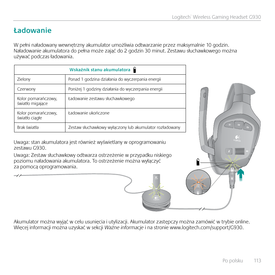 Ładowanie | Logitech G930 User Manual | Page 113 / 120