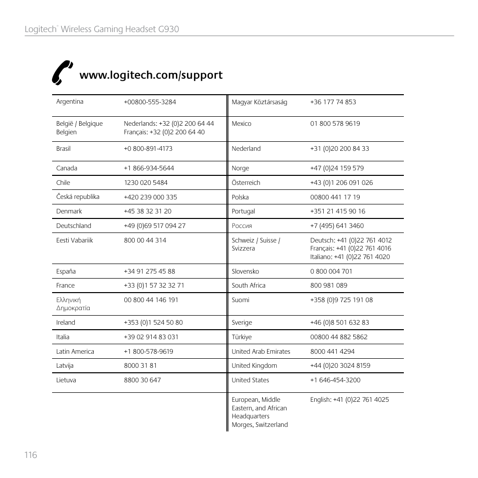 Logitech, Wireless gaming headset g930 | Logitech G930 User Manual | Page 116 / 120