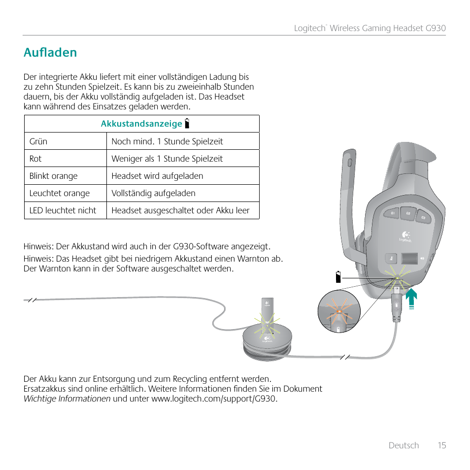 Aufladen | Logitech G930 User Manual | Page 15 / 120