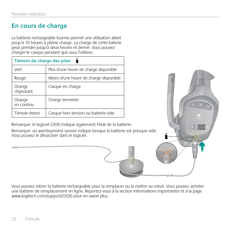 En cours de charge | Logitech G930 User Manual | Page 22 / 120