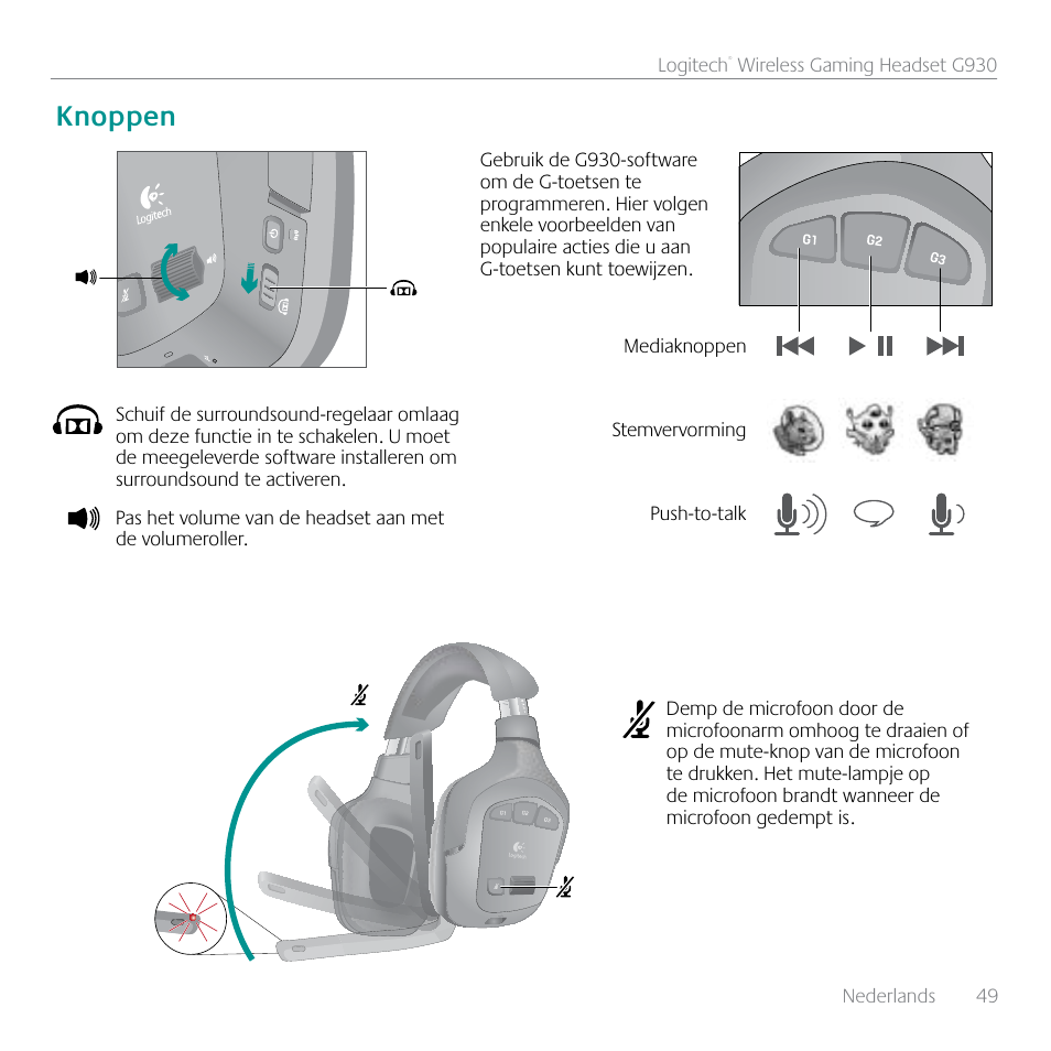 Knoppen | Logitech G930 User Manual | Page 49 / 120