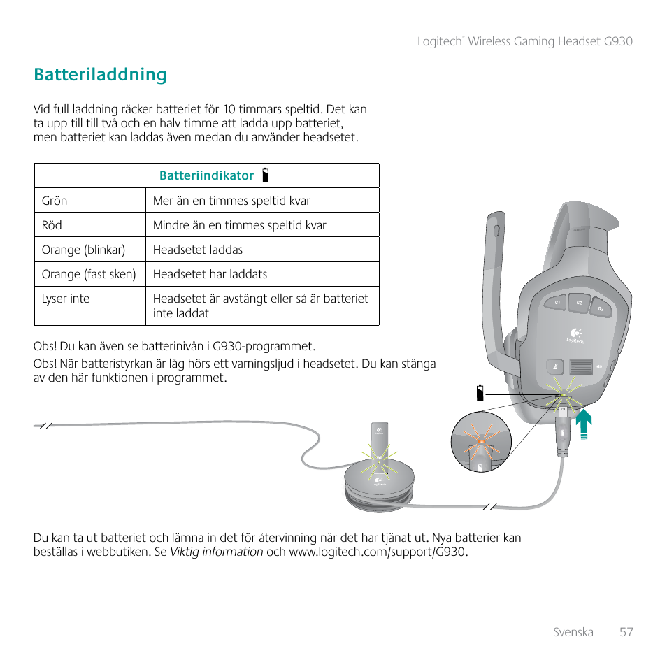 Batteriladdning | Logitech G930 User Manual | Page 57 / 120
