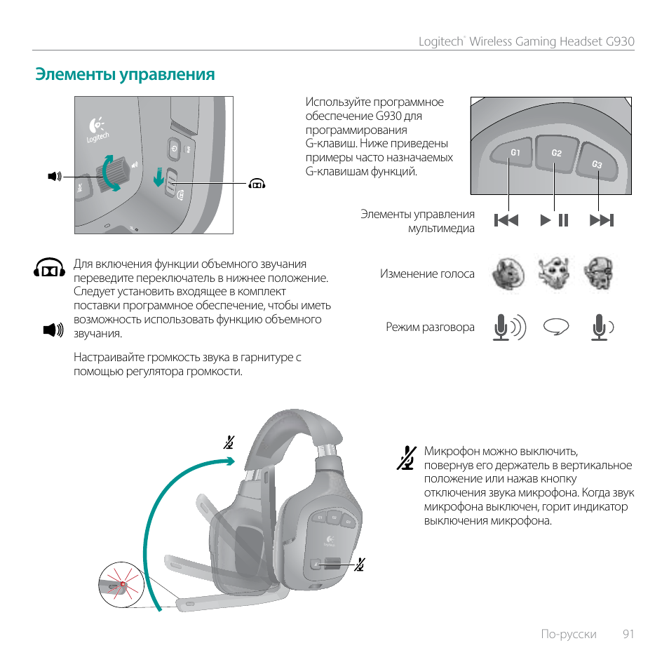 Элементы управления | Logitech G930 User Manual | Page 91 / 120