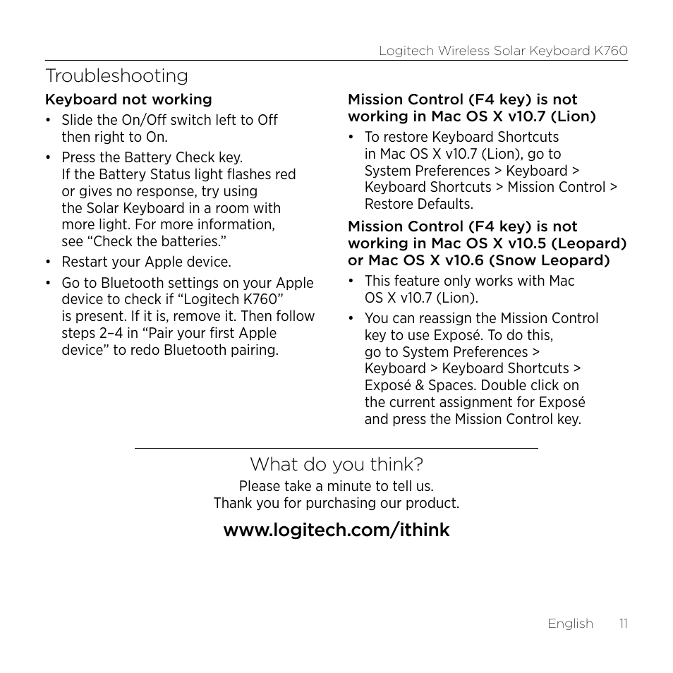 Troubleshooting, What do you think | Logitech Wireless Solar Keyboard K760 User Manual | Page 11 / 56