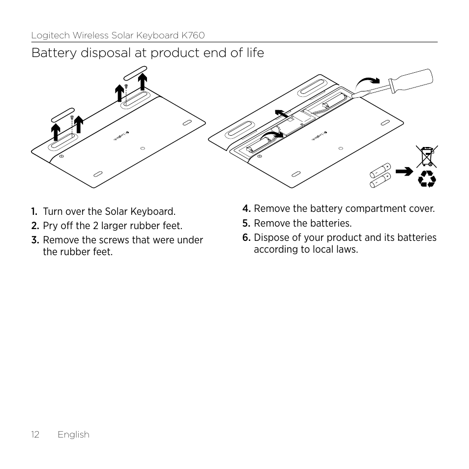Battery disposal at product end of life | Logitech Wireless Solar Keyboard K760 User Manual | Page 12 / 56