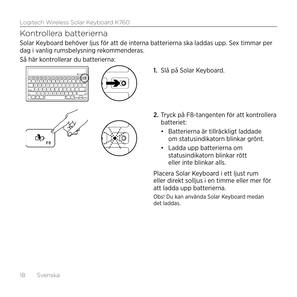 Kontrollera batterierna | Logitech Wireless Solar Keyboard K760 User Manual | Page 18 / 56