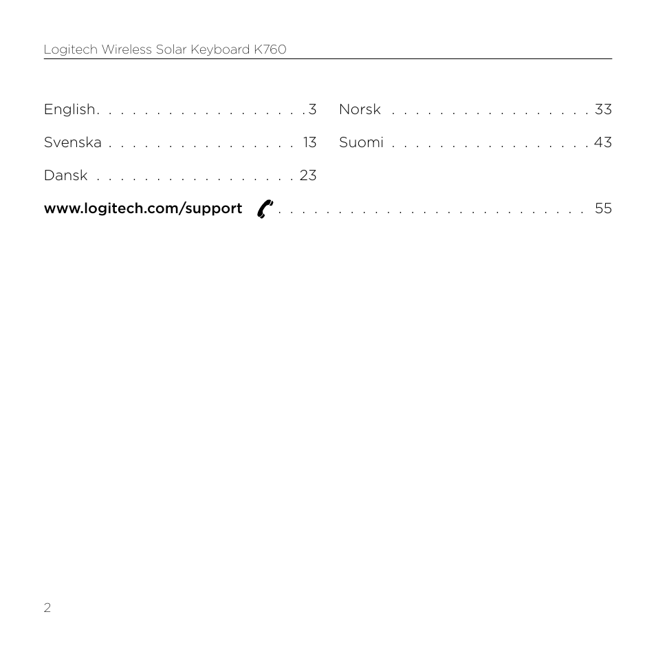Logitech Wireless Solar Keyboard K760 User Manual | Page 2 / 56