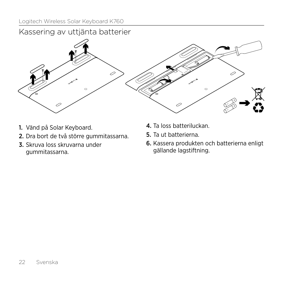 Kassering av uttjänta batterier | Logitech Wireless Solar Keyboard K760 User Manual | Page 22 / 56
