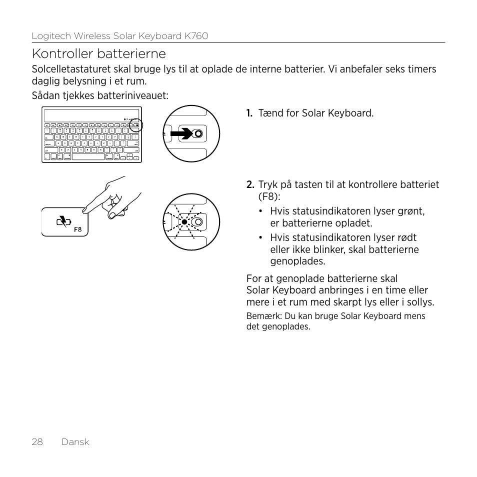 Kontroller batterierne | Logitech Wireless Solar Keyboard K760 User Manual | Page 28 / 56