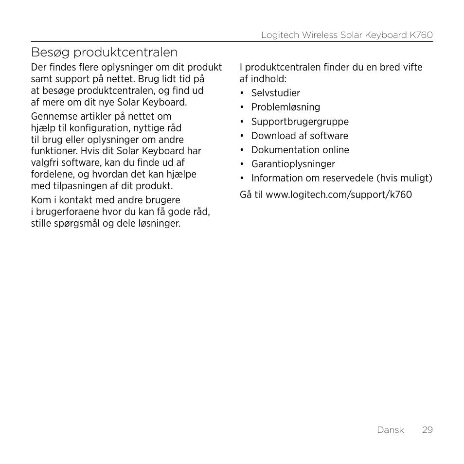 Besøg produktcentralen | Logitech Wireless Solar Keyboard K760 User Manual | Page 29 / 56