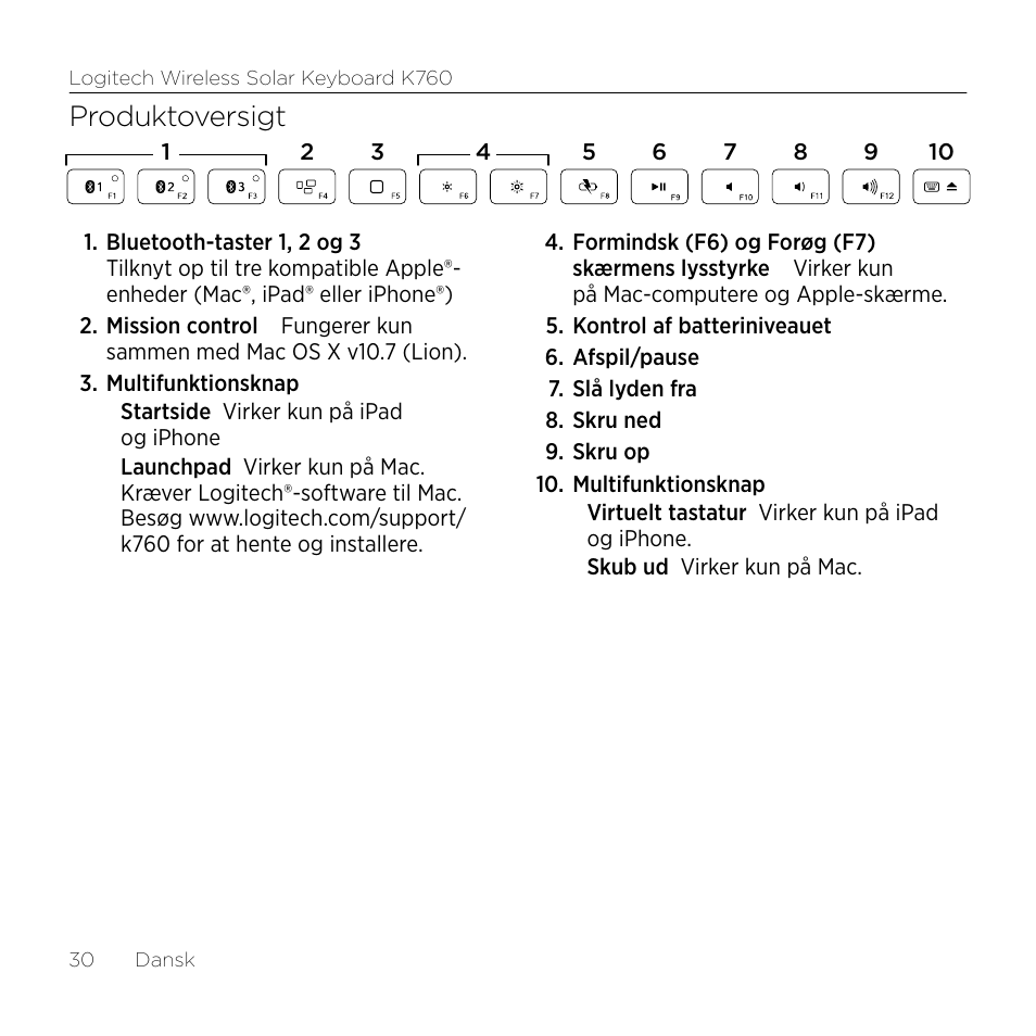 Produktoversigt | Logitech Wireless Solar Keyboard K760 User Manual | Page 30 / 56