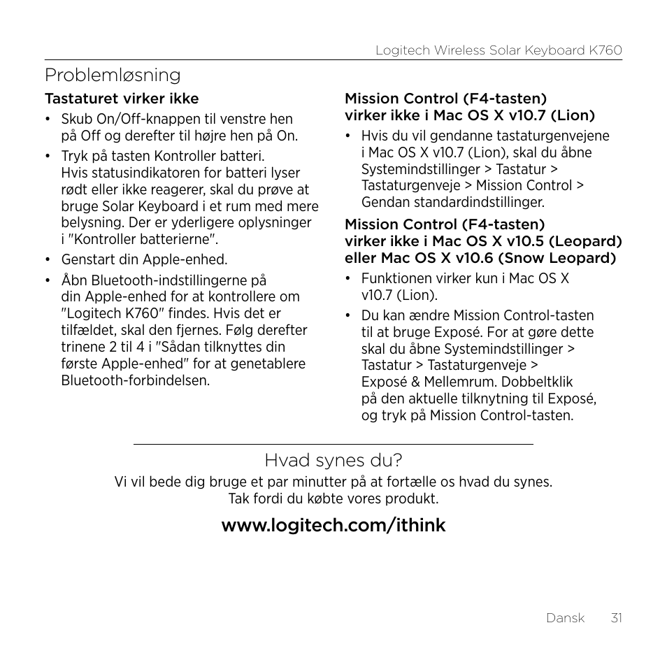 Problemløsning, Hvad synes du | Logitech Wireless Solar Keyboard K760 User Manual | Page 31 / 56