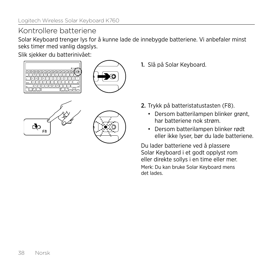Kontrollere batteriene | Logitech Wireless Solar Keyboard K760 User Manual | Page 38 / 56