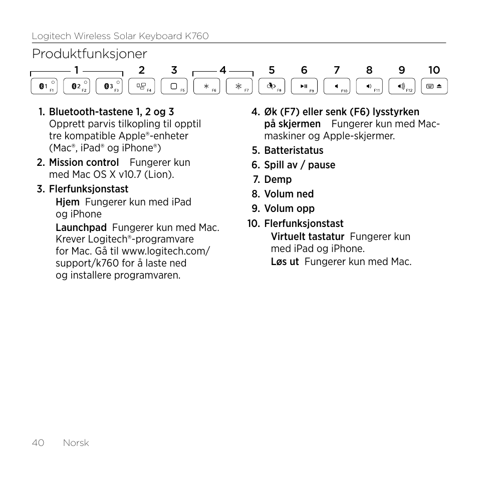 Produktfunksjoner | Logitech Wireless Solar Keyboard K760 User Manual | Page 40 / 56