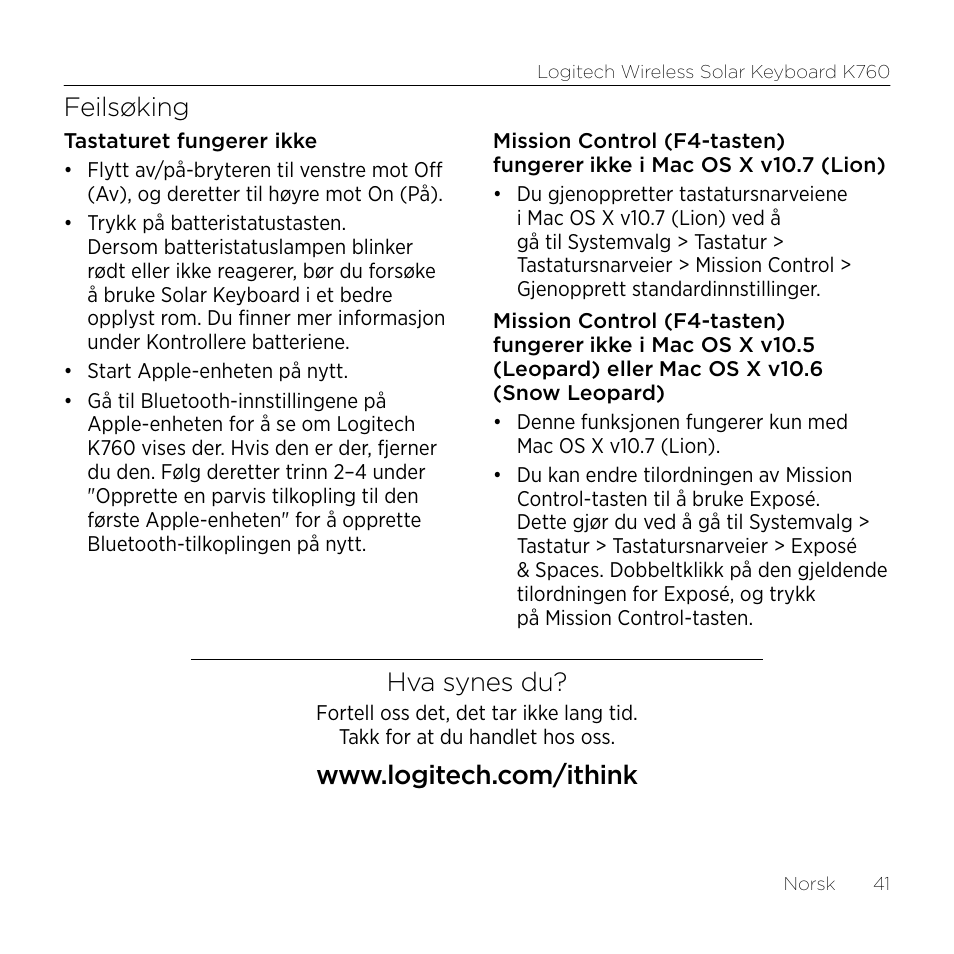Feilsøking, Hva synes du | Logitech Wireless Solar Keyboard K760 User Manual | Page 41 / 56