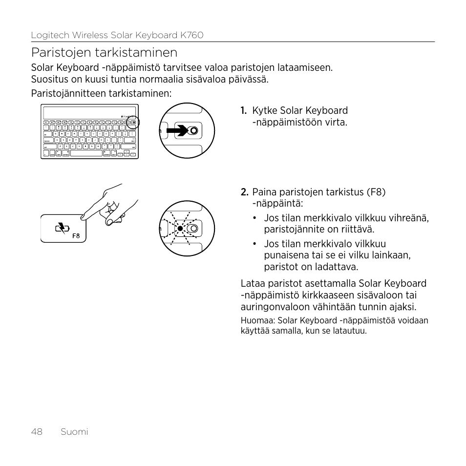 Paristojen tarkistaminen | Logitech Wireless Solar Keyboard K760 User Manual | Page 48 / 56