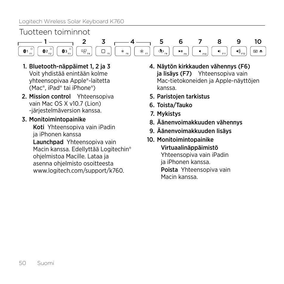 Tuotteen toiminnot | Logitech Wireless Solar Keyboard K760 User Manual | Page 50 / 56