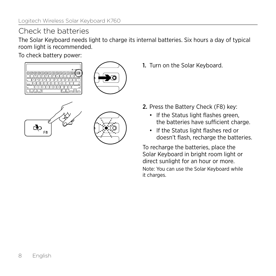 Check the batteries | Logitech Wireless Solar Keyboard K760 User Manual | Page 8 / 56