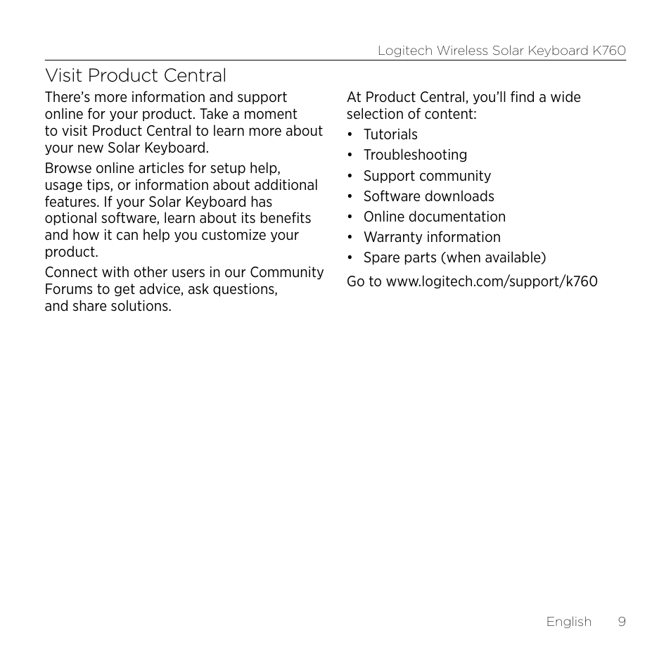 Visit product central | Logitech Wireless Solar Keyboard K760 User Manual | Page 9 / 56