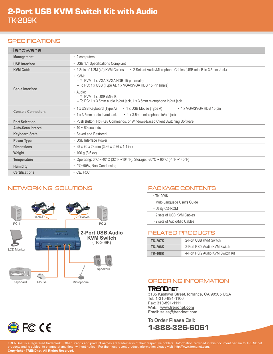 Port usb kvm switch kit with audio, Tk-209k, Hardware | Related products package contents, Ordering information to order please call, Networking solutions specifications | Logitech TK-209K User Manual | Page 2 / 2