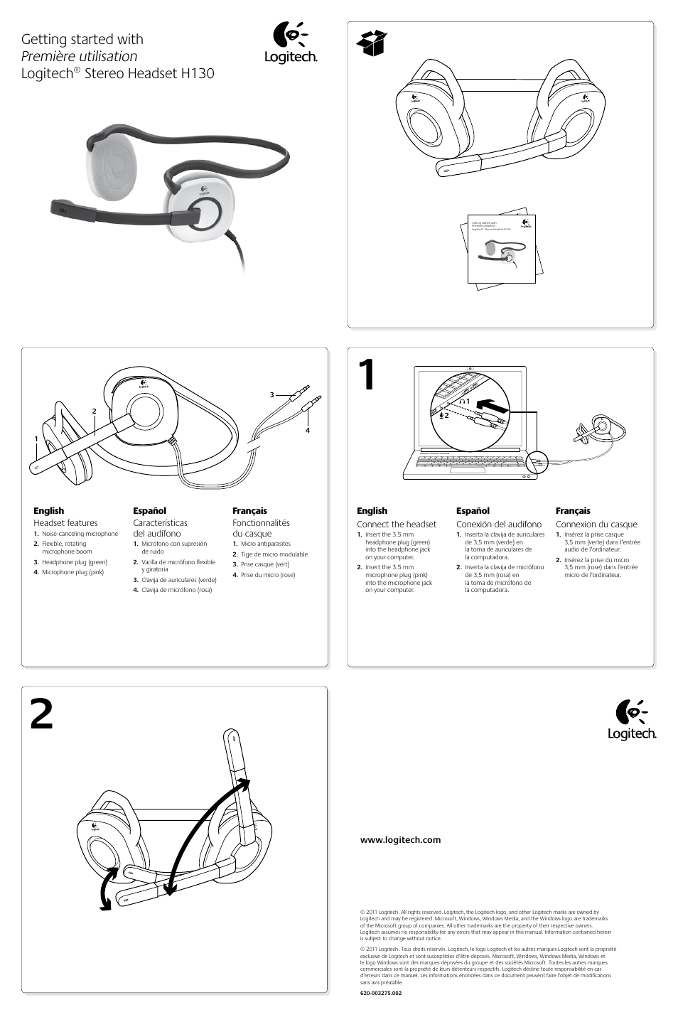 Logitech Stereo Headset H130 User Manual | 2 pages