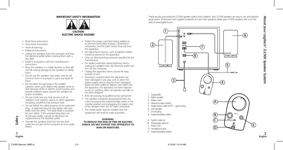Sa fe ty 1, Ae 6 7 b c d 8 | Logitech SpeakerSystem Z-2300 User Manual | Page 2 / 9