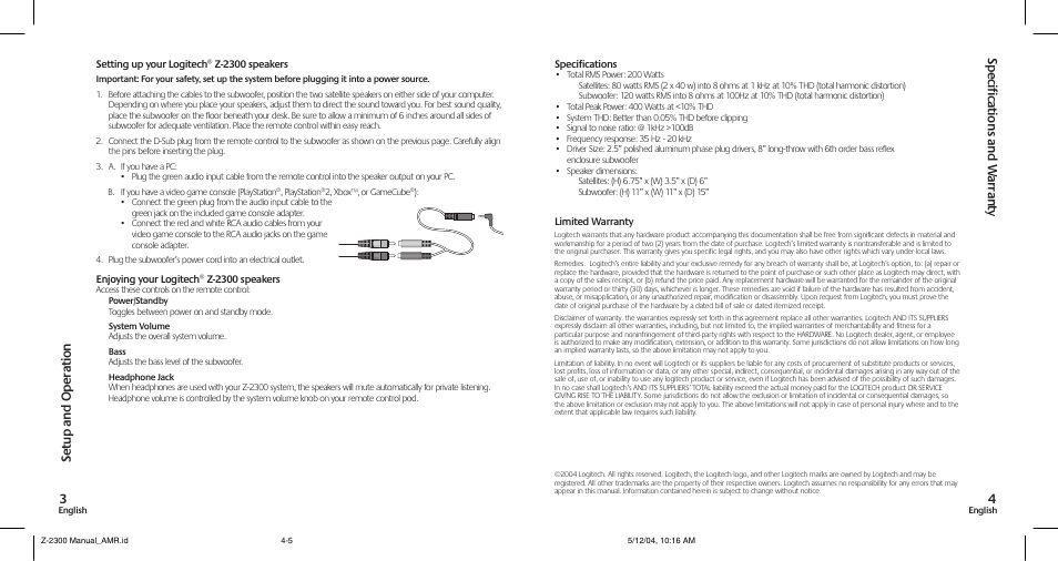 Sp ec ific at io ns a nd w ar ra nt y 4, Se tu p an d o pe ra tio n 3 | Logitech SpeakerSystem Z-2300 User Manual | Page 3 / 9