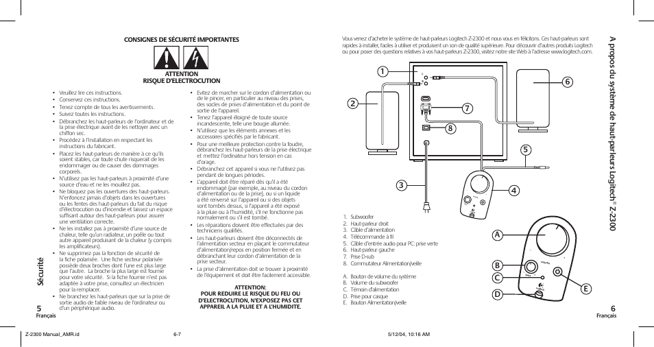 Ae 7 b c d, Sé cu ri té 5 | Logitech SpeakerSystem Z-2300 User Manual | Page 4 / 9