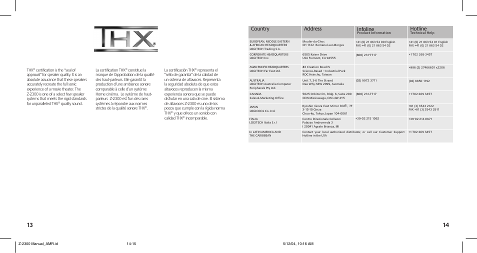 Country, Infoline, Hotline | Address | Logitech SpeakerSystem Z-2300 User Manual | Page 8 / 9