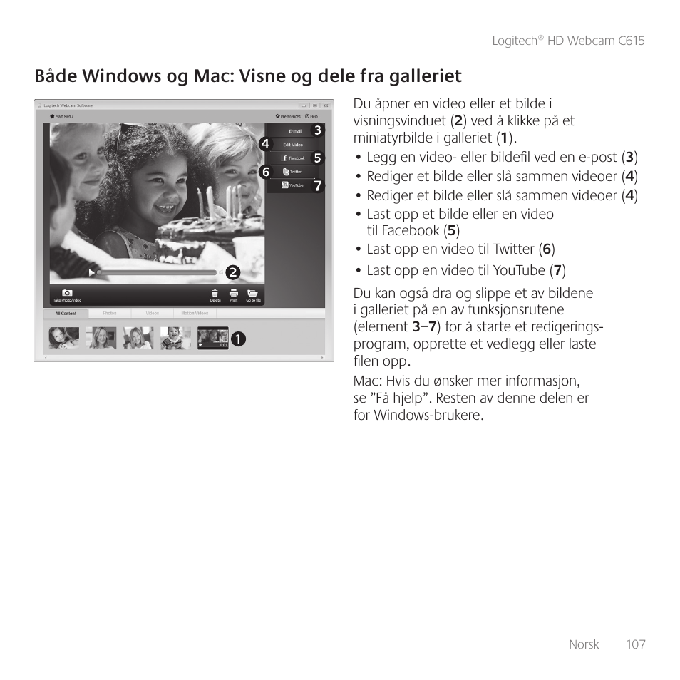 Både windows og mac: visne og dele fra galleriet | Logitech C615 User Manual | Page 107 / 172